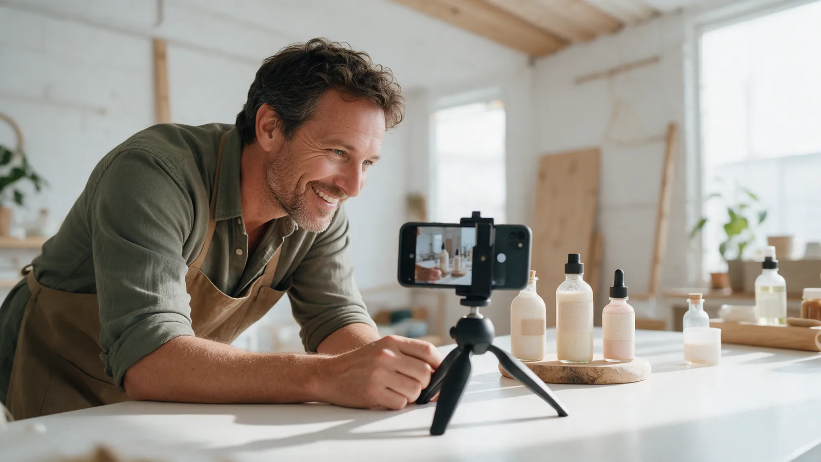 A business owner filming a product video