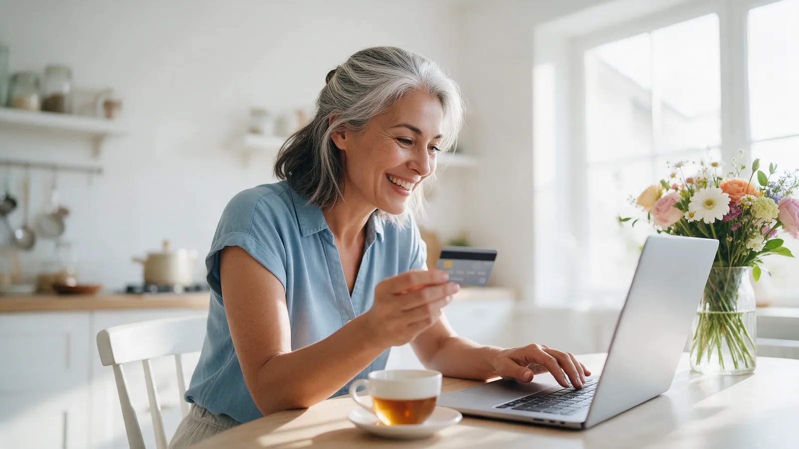 A woman shopping online at her kitchen table