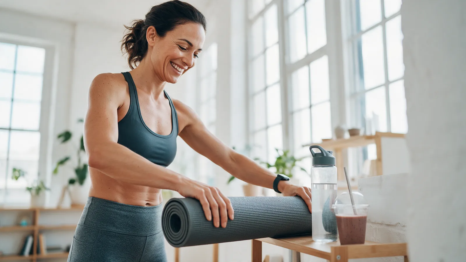 A woman after a yoga session at home