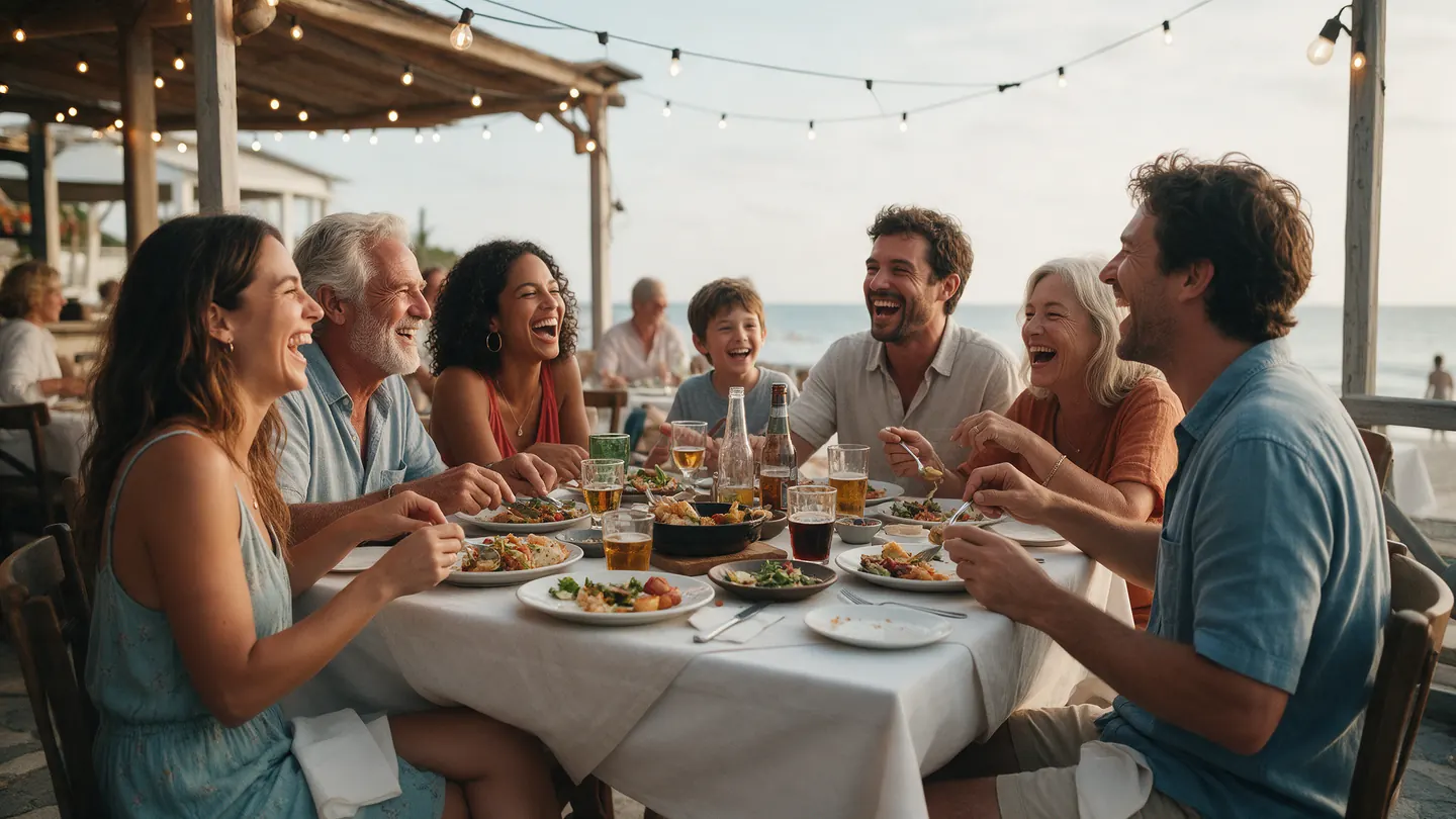 Friends and family sharing a meal on a seaside terrace
