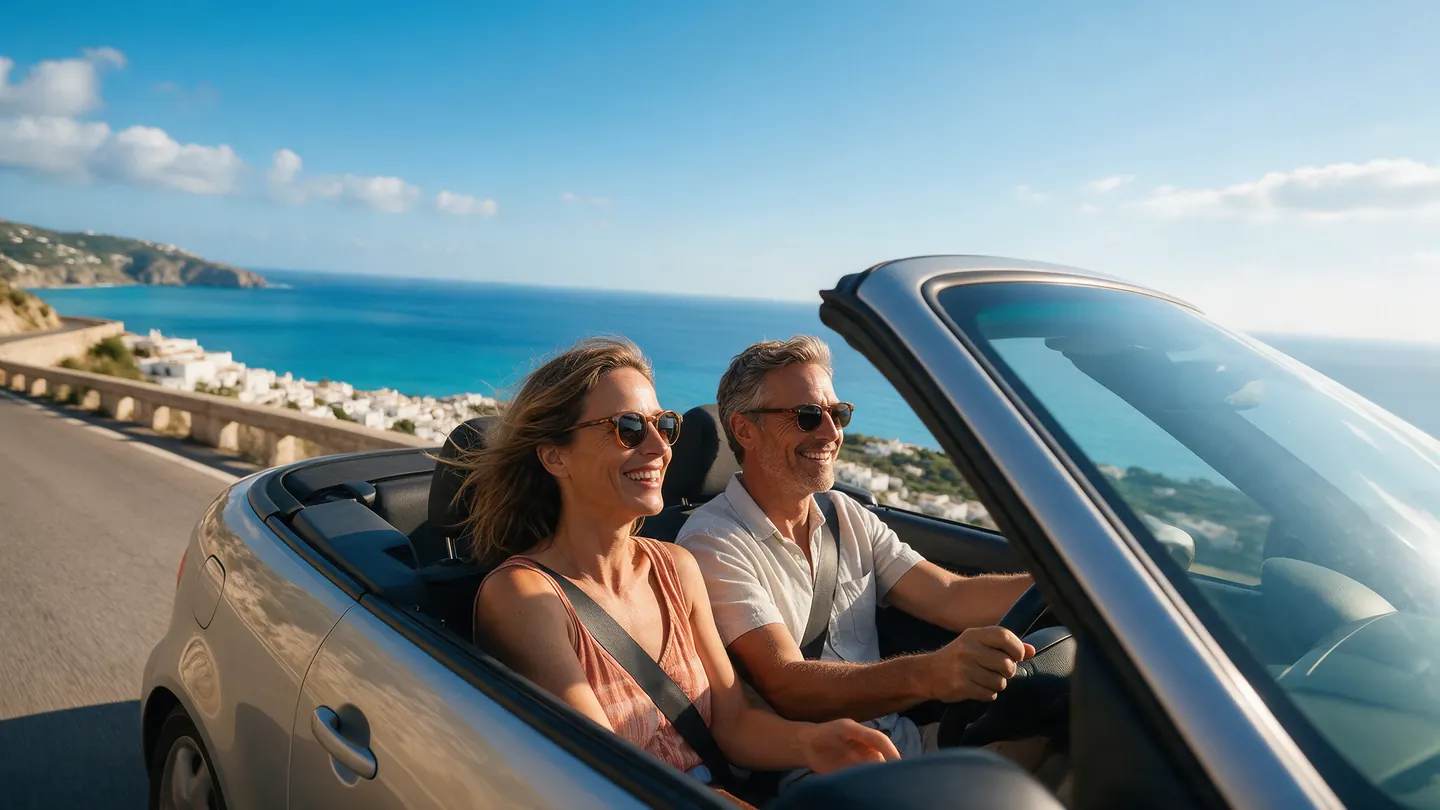 A couple driving an open-top hire car along a coast road